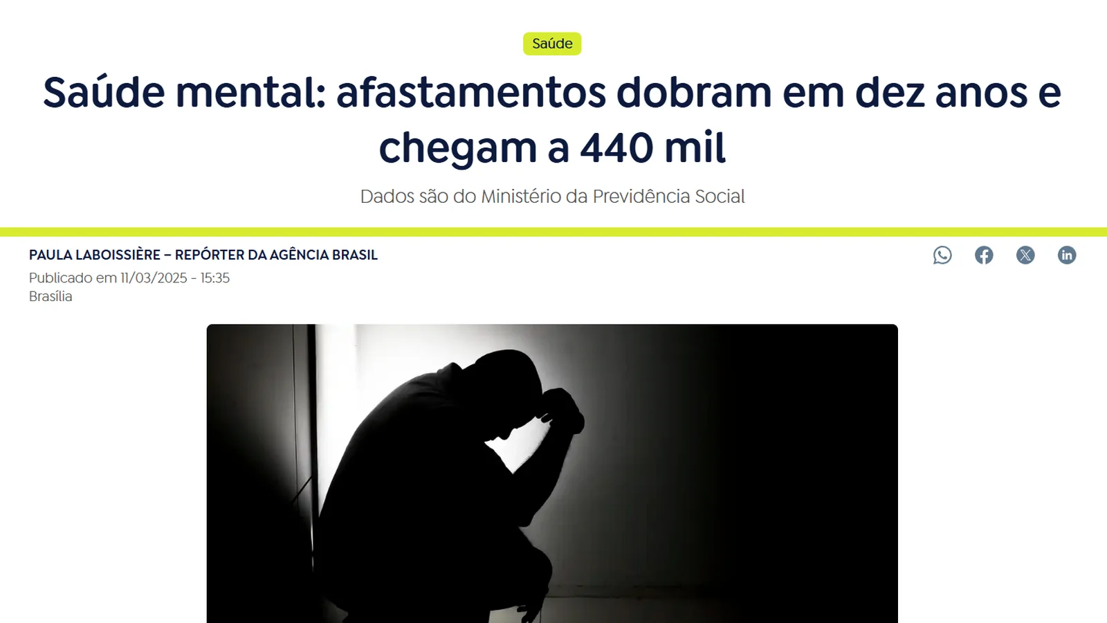 Captura da matéria Saúde mental: afastamentos dobram em dez anos e chegam a 440 mil, da Agência Brasil
