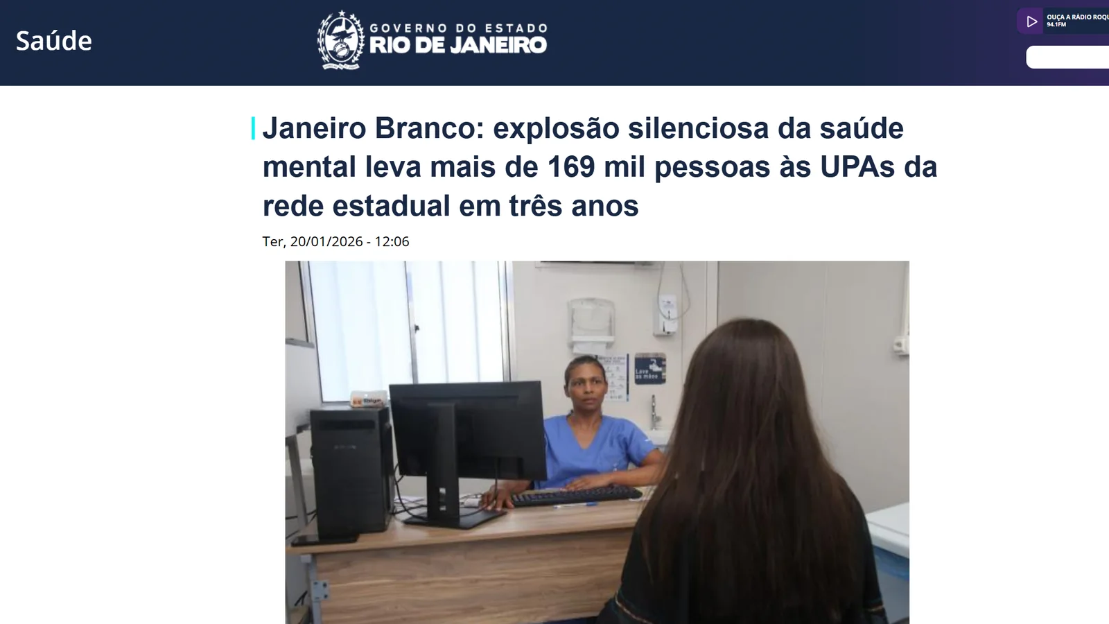 Captura da matéria sobre mais de 169 mil atendimentos de saúde mental nas UPAs do Rio de Janeiro