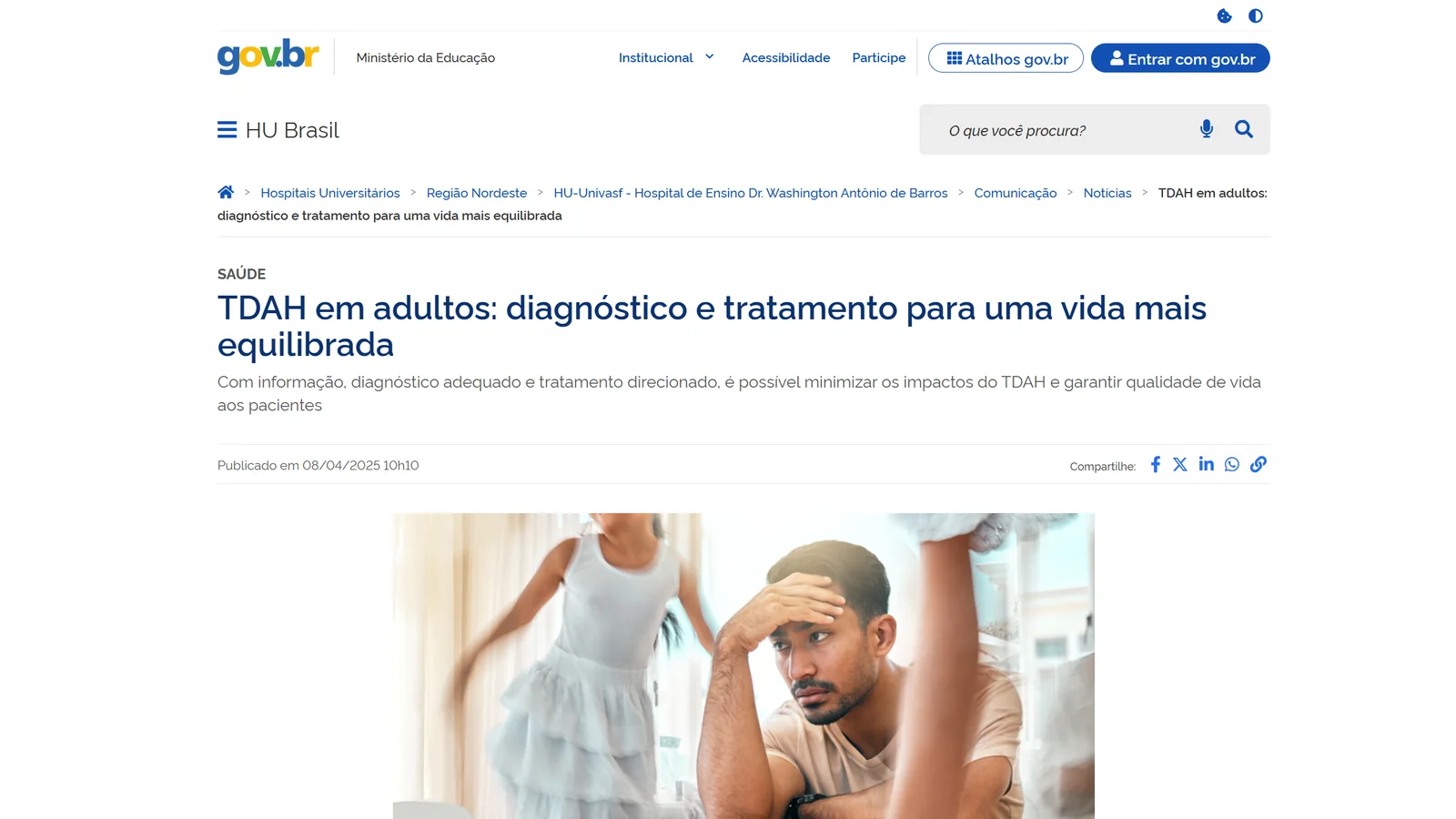 Captura da matéria TDAH em adultos: diagnóstico e tratamento para uma vida mais equilibrada, do HU Brasil